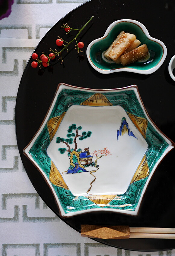 九谷焼 古九谷 染付 山水人物文 六角香炉 時代箱付 V R5819 九谷焼 古