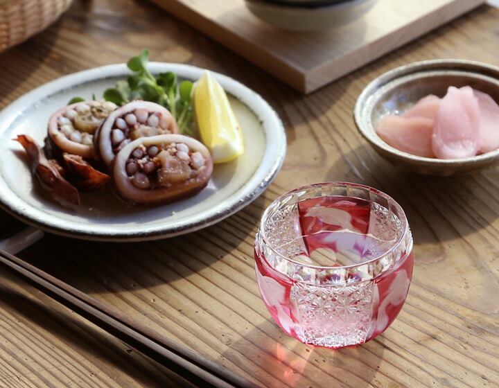 衿』江戸切子 金赤 ワイングラス 5客 酒杯 酒器 硝子工芸 （鈴10）