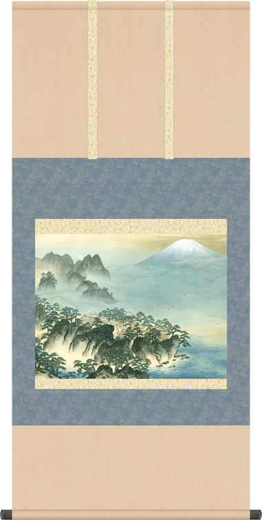 掛軸 風景画 山間部 蓬莱山 お城 押印有 箱付き 作者不明 24.10.20