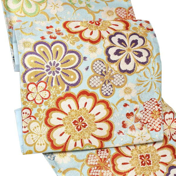 振袖 帯「水色 花紋」日本製 西陣織 西陣織証紙番号 No.2362 大光株式