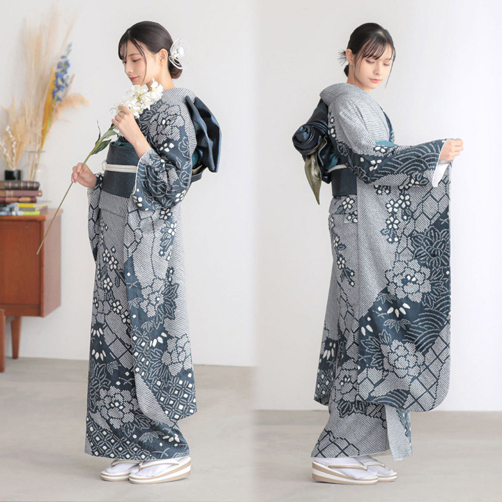 卒業式応援Point10倍 2/19迄)未仕立て 振袖 22点セット「総絞り 紺ねず
