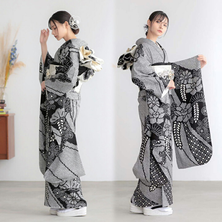 未仕立て 仮絵羽 振袖 総絞り 黒 古典成人式 結婚式 正絹 モノトーン