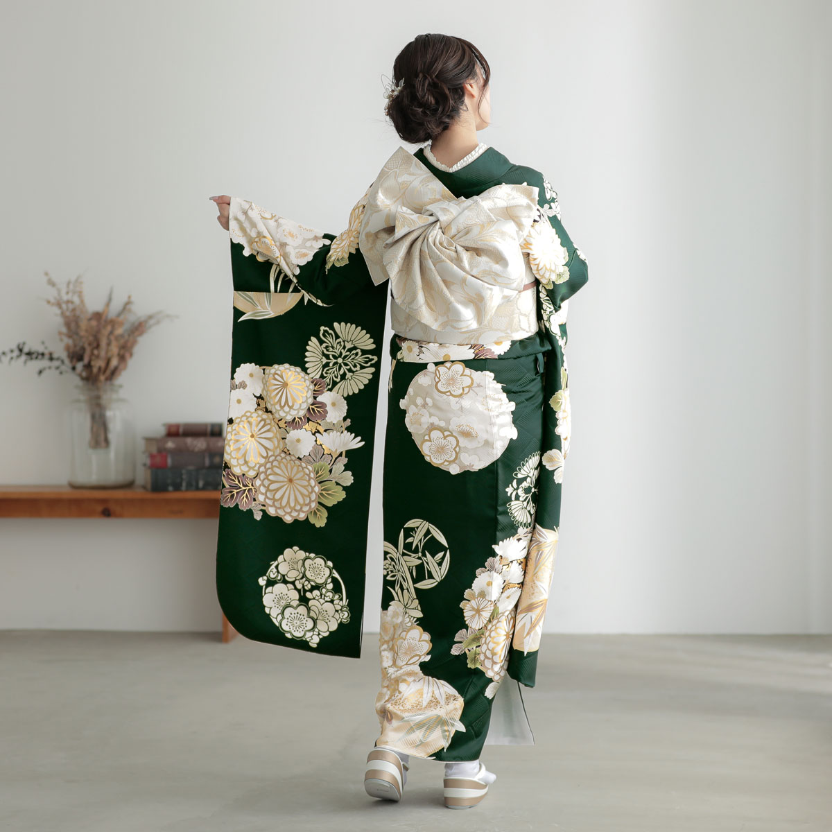 成人式、卒業式、結婚式 正絹 振袖フルセット 和装 上品な深緑&白 楽天