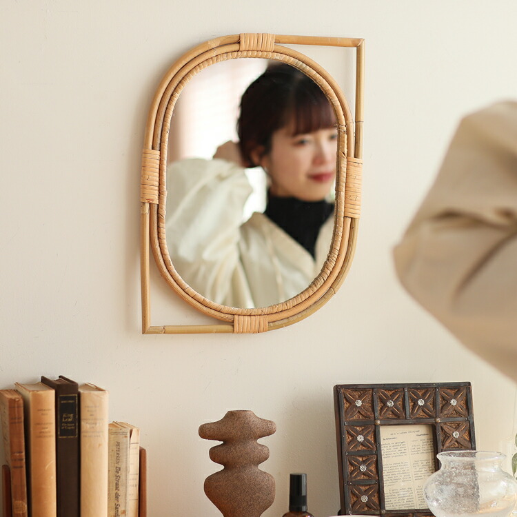 楽天市場】ミラー 鏡 壁掛け JUGLAS LEAF 楕円形 卓上 玄関 ラタン 籐