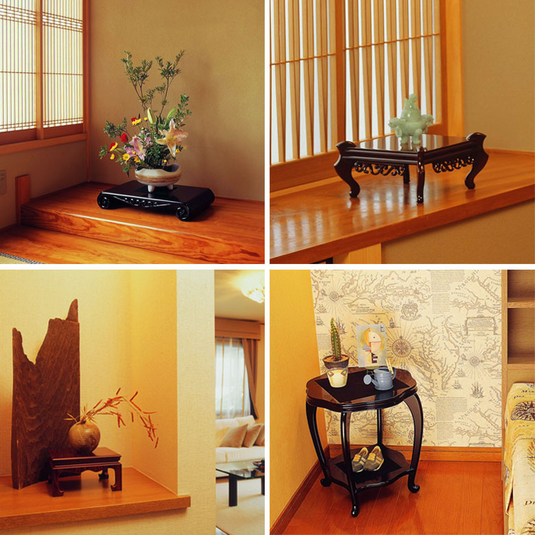 川連漆器 沈金彫り 高級花台 天然木 床の間 送料込み 川連漆器 沈金