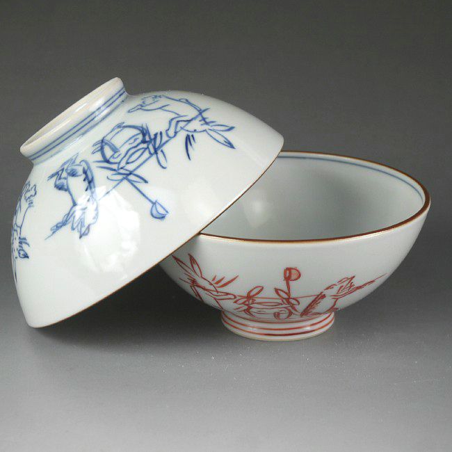 染赤絵巻夫婦茶碗 鳳山 - 京焼清水焼 松韻堂