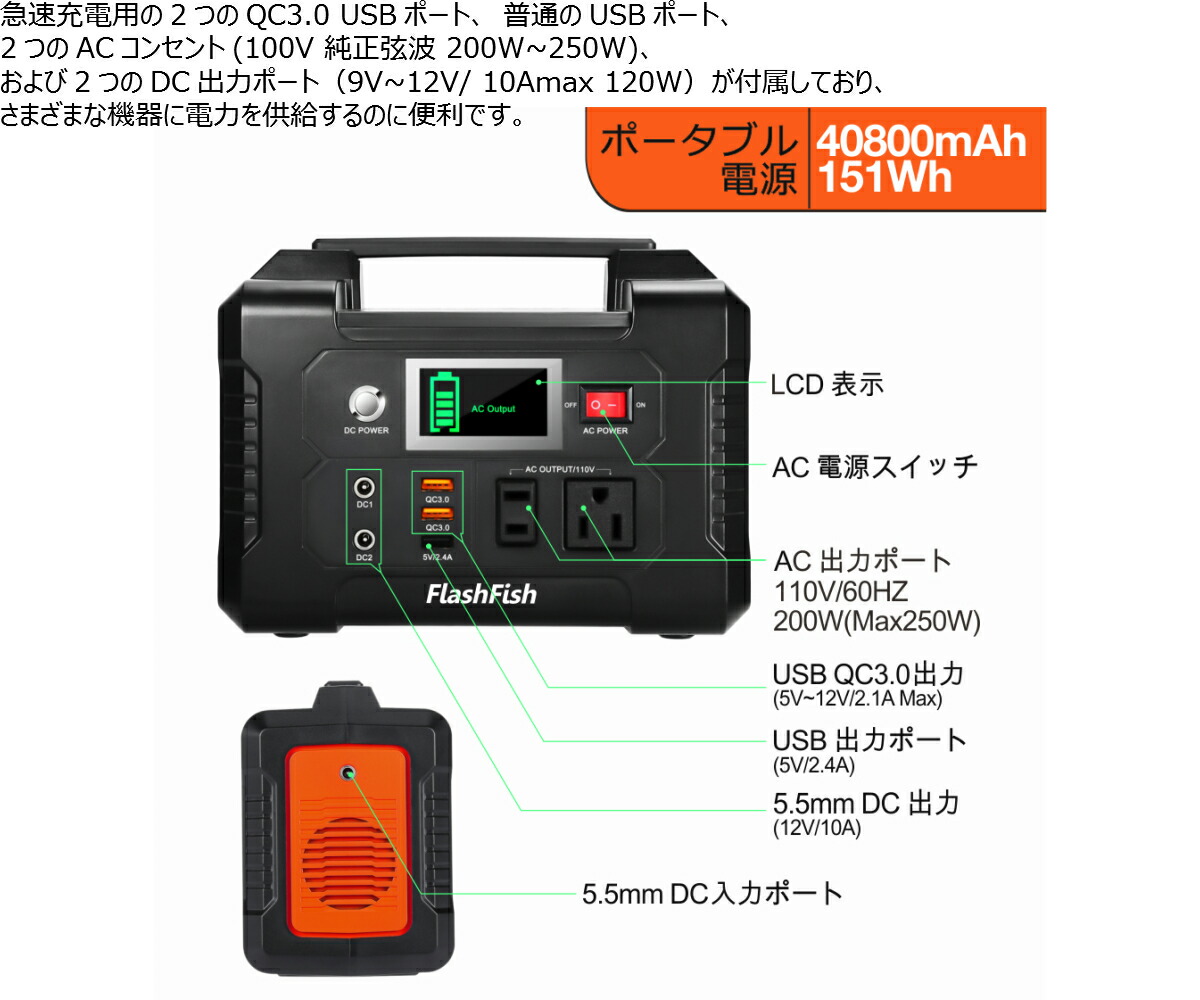 楽天市場】FlashFish ポータブル電源 大容量 小型発電機 40800mAh