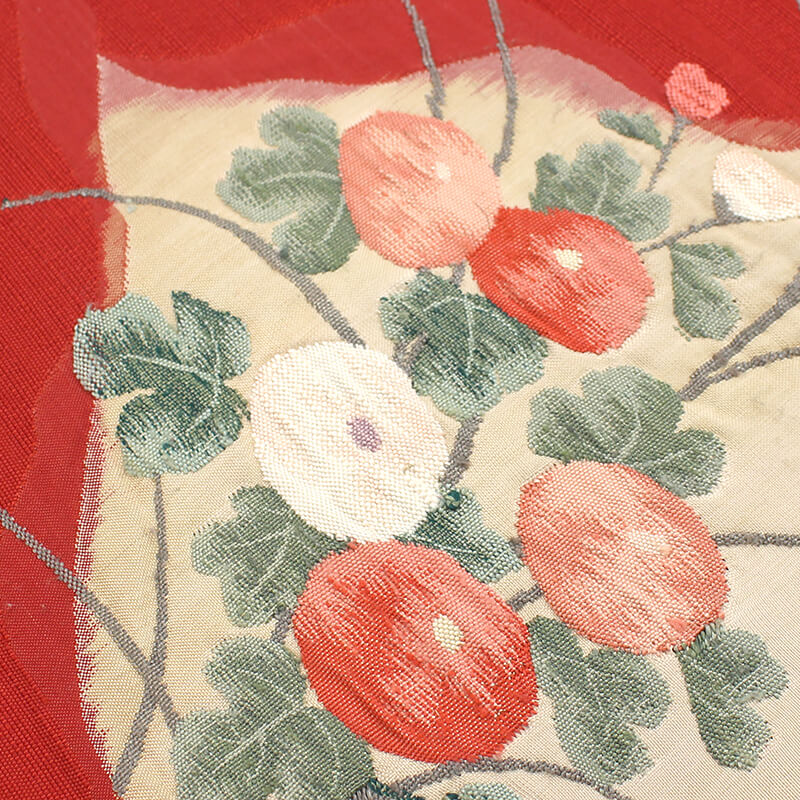 中古】 名古屋帯 八寸名古屋帯 リサイクル レディース 正絹 赤 牡丹菊