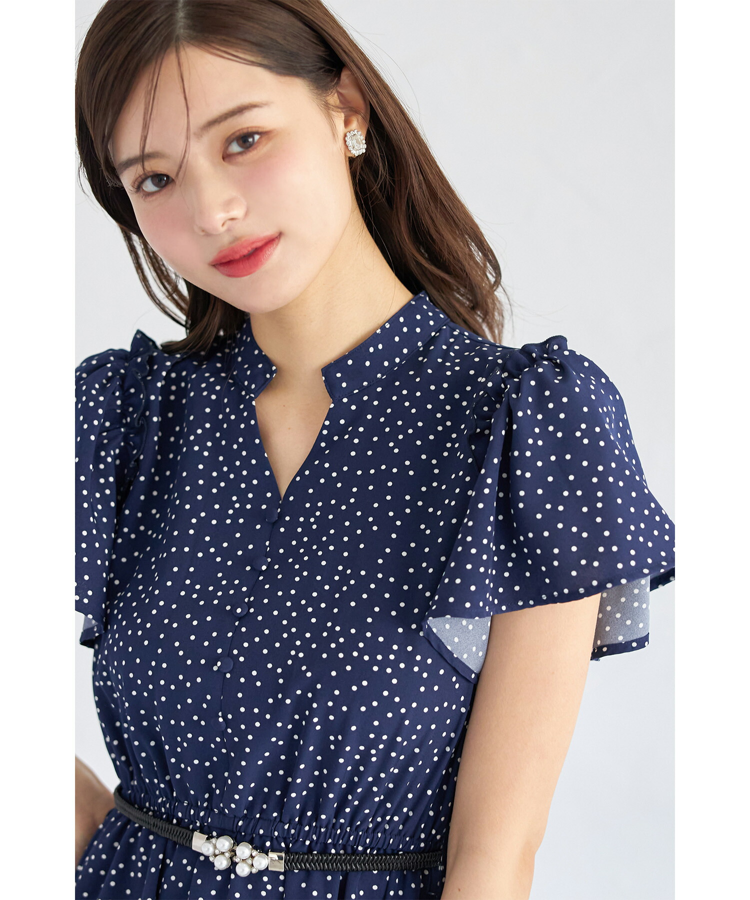 パールビジューベルト付きドットワンピース