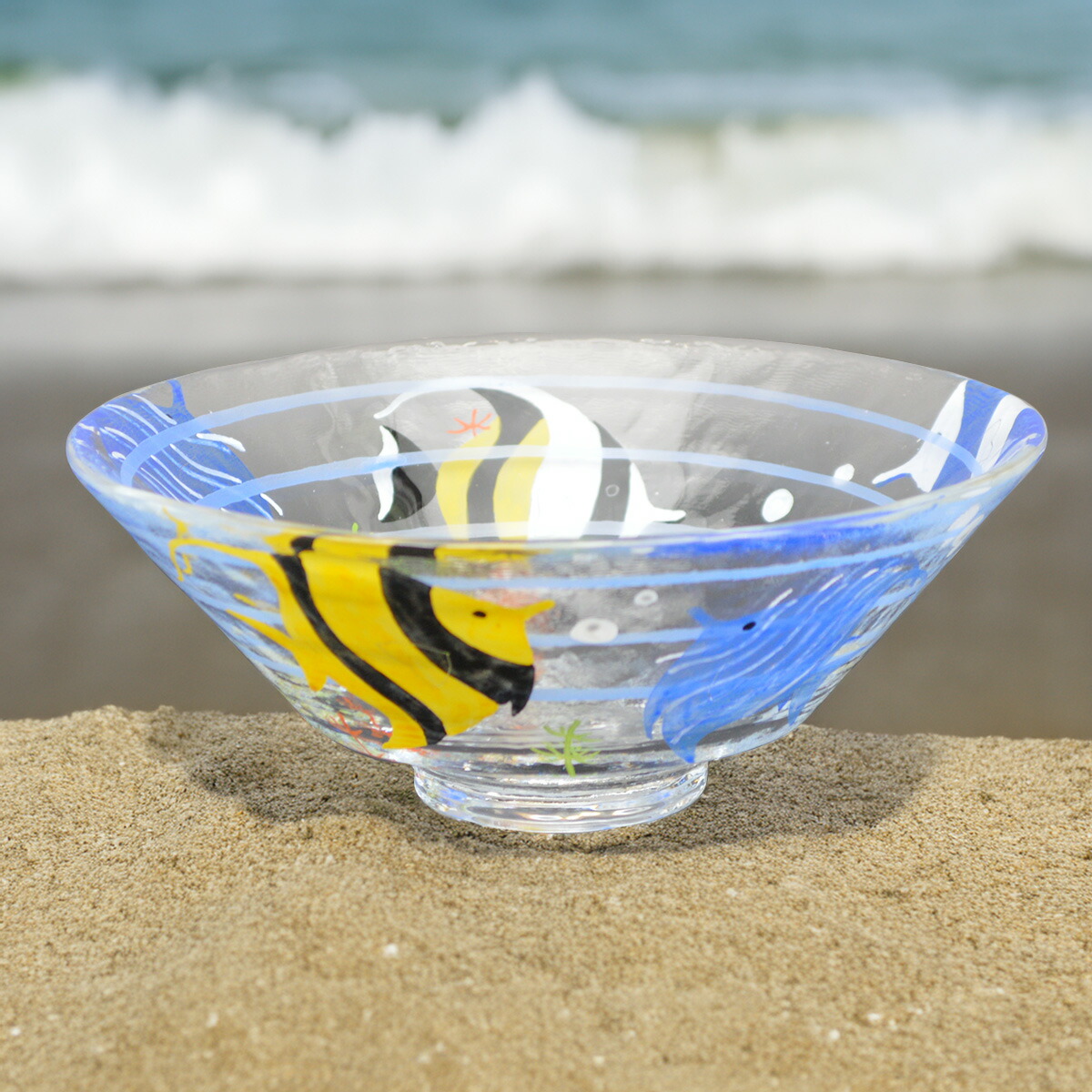 ガラス 抹茶碗 平茶碗 義山 夏のビーチ 超耐熱ガラス製 水出宋絢作