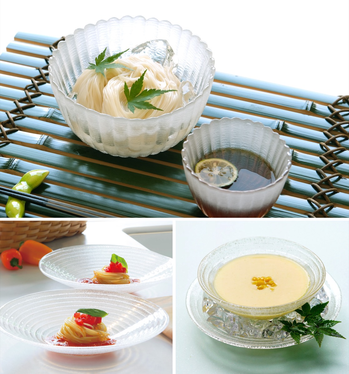 ガラスのお皿　37cm 昭和型板ガラスの丸いお皿「大5枚セット（折鶴/さらさ/ソフトペーン/て