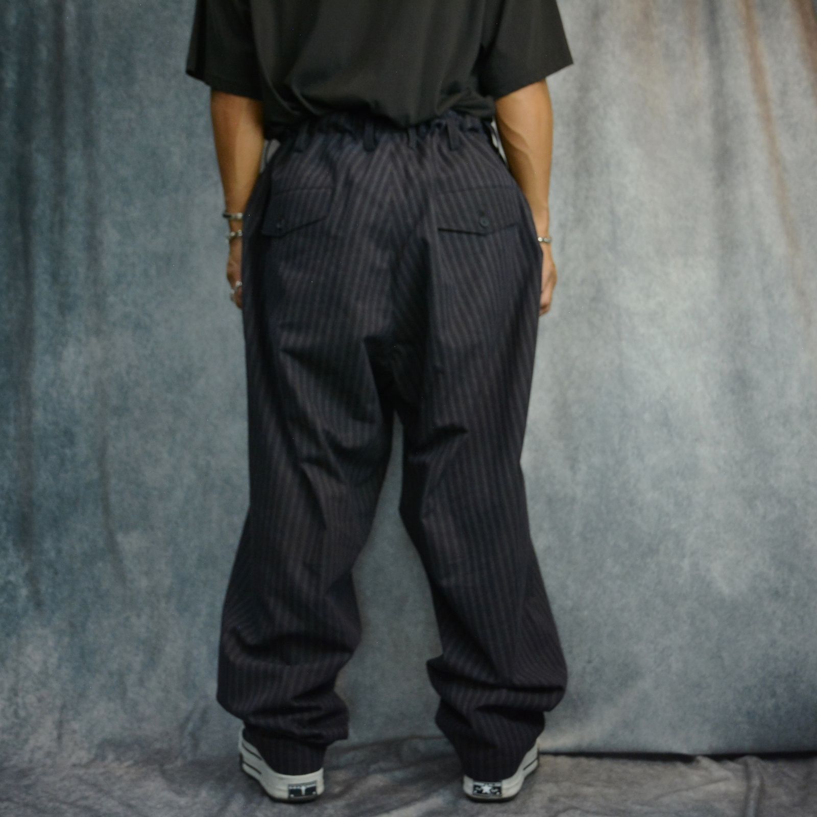 yohji yamamoto - PIGMENT WASH COTTON STRIPE PANTS （GRAY