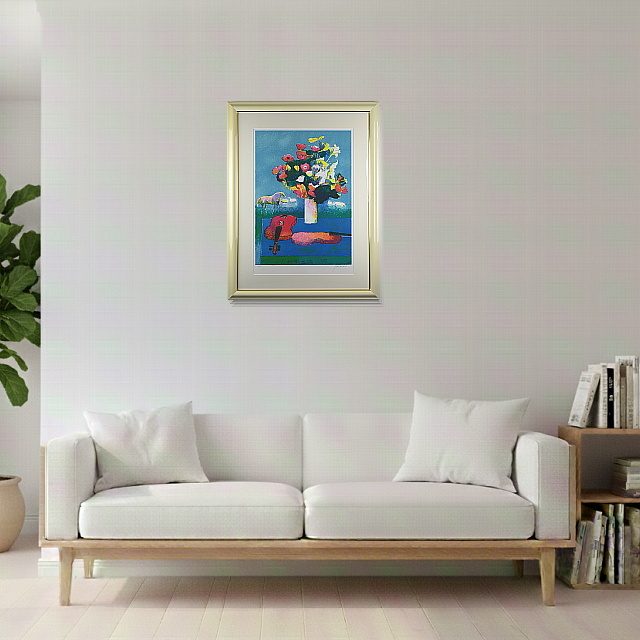 ポール・ギヤマン「青いテーブルのバイオリンと花束」リトグラフ