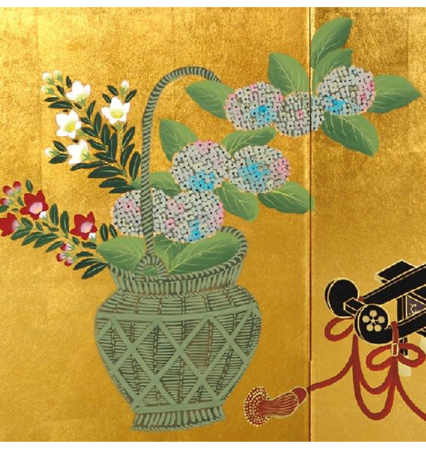 金屏風 花車 富永寿峰作｜肉筆手書き屏風