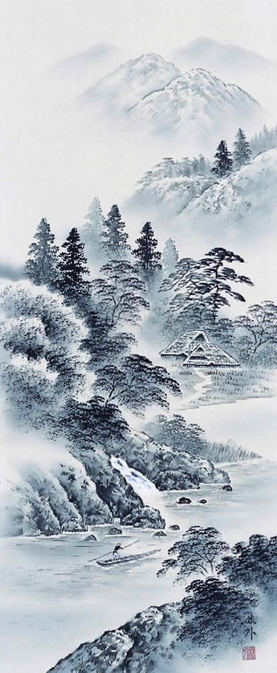 水墨画 水彩画 廬山の滝 掛け軸 水墨画 水彩画 廬山の滝 掛け軸