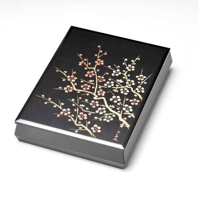 沈金紅白梅 文庫 A4サイズ 黒 漆塗り・木製 12-13202 漆器の井助
