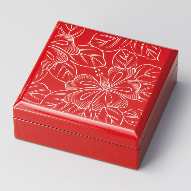 小箱 ハイビスカス 朱 木製 漆塗り 12-12408 漆器の井助