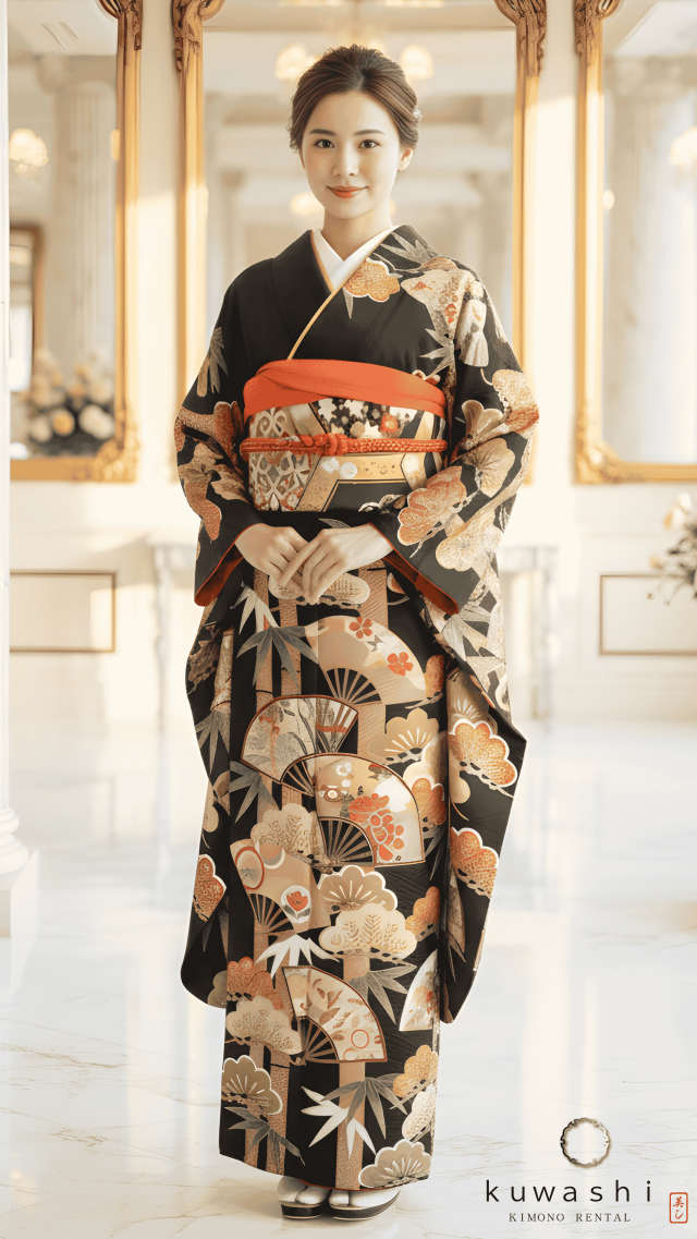 正絹振袖レンタル】 80032 黒地竹に扇松正絹振袖袋帯セット