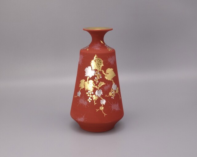 九谷焼 松寿堂 色絵金彩 松鷹文 花瓶 花生 共箱 C 5597 九谷焼 松寿堂