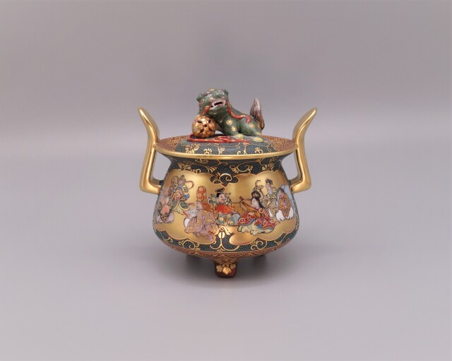 945 九谷焼 高堂風錦手 毛筆細字 百人一首 香炉 未使用 945 九谷焼