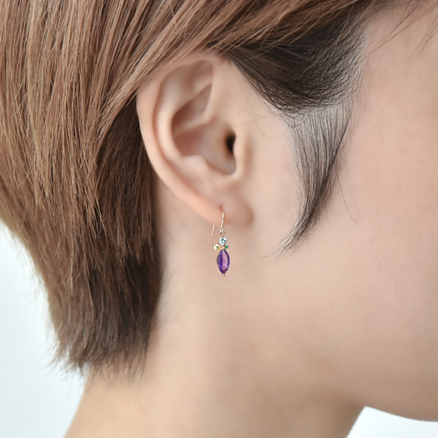 フックピアス K10ピンクゴールド アメジスト イエローサファイア