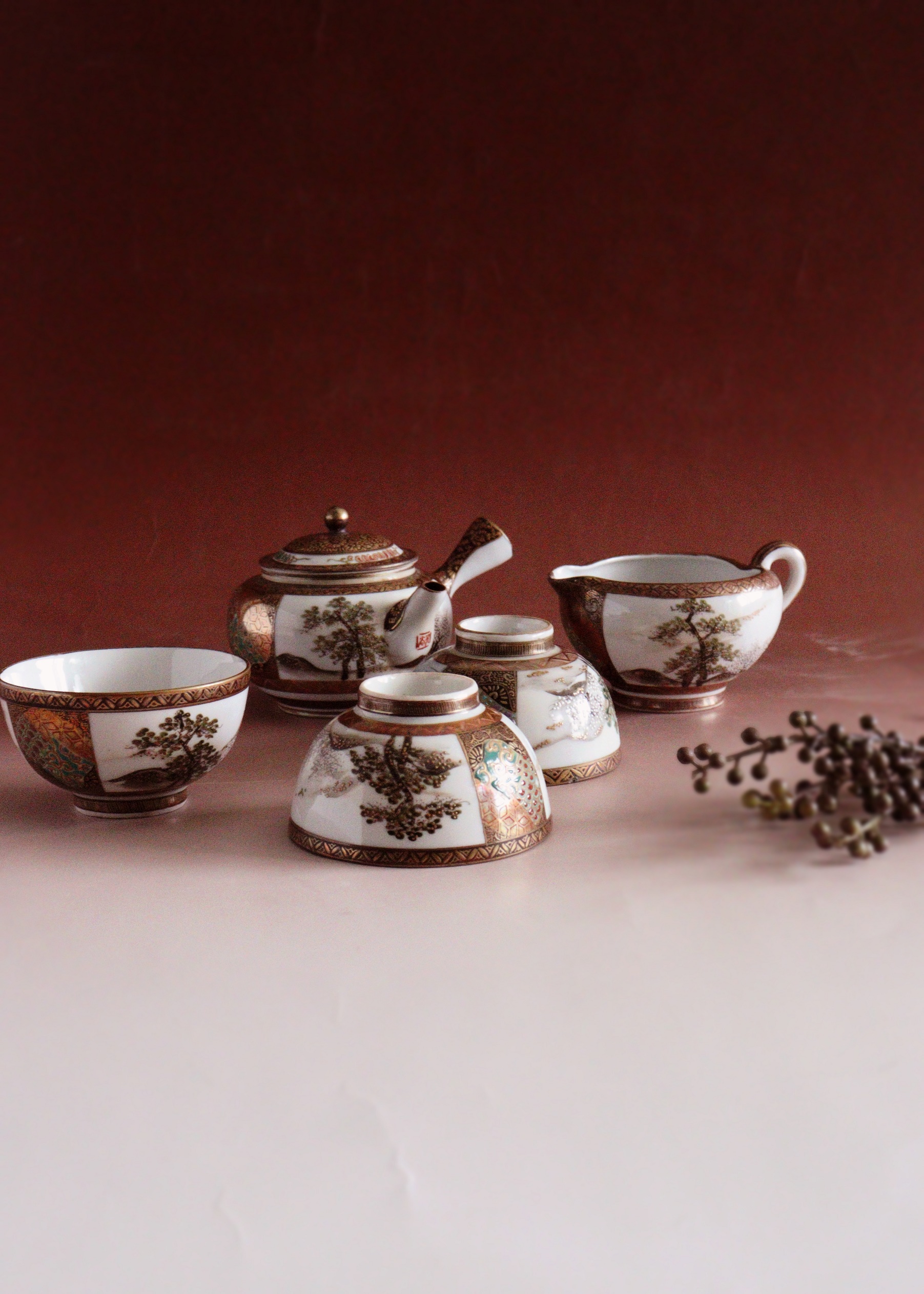 萬古焼 色絵 風景図 煎茶器セット 茶櫃付き [B25249] 萬古焼 色絵 風景