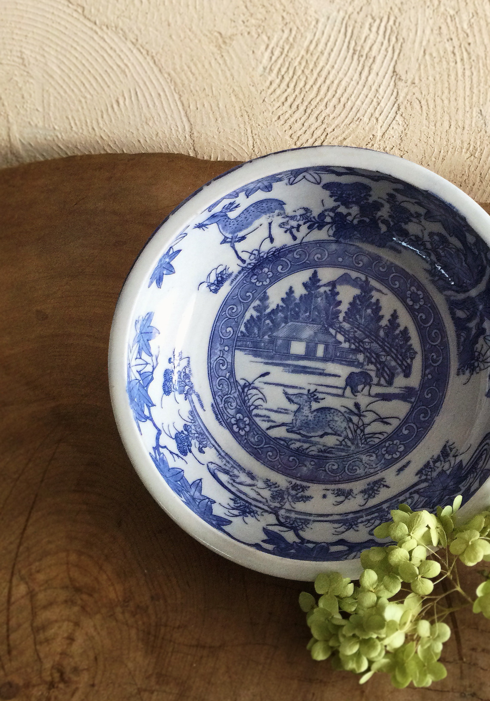 鹿絵皿 2枚 染付 色絵付 高台皿 紅葉 歪み 江戸 古伊万里