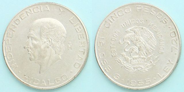 メキシコ 1955 5ペソ銀貨 ミゲル・イダルゴ