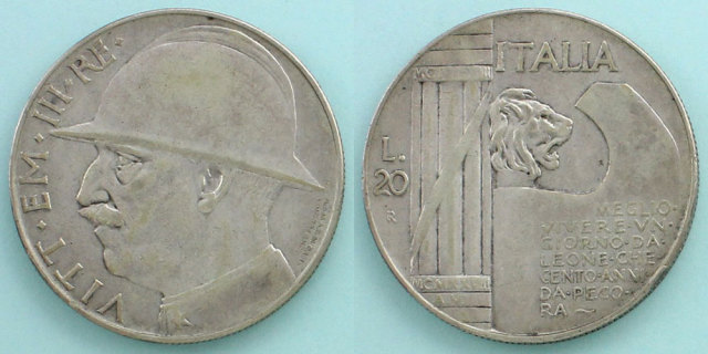 イタリア王国 1928 20リレ銀貨 ヴィットーリオ・エマヌエーレ3世