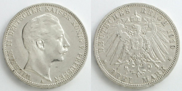 ドイツ帝国 プロイセン王国 1910 3マルク銀貨 ヴィルヘルム2世