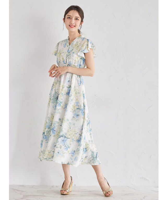 ウエストシャーリングスキッパーフラワープリントワンピース