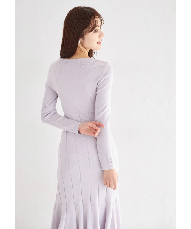 袖口パール付きフロントクロスニットワンピース