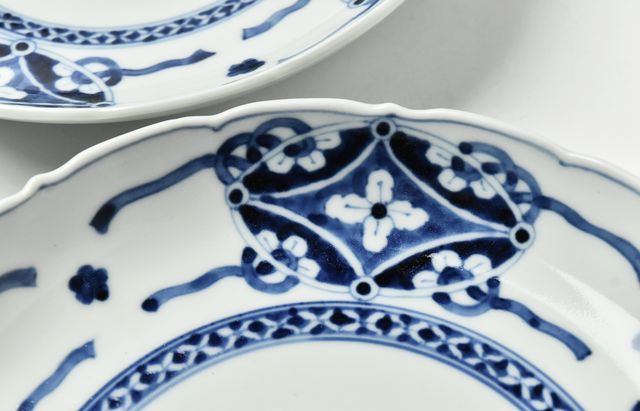 染付皿 中皿 3枚 鳥文 花文 岩文 花弁縁 明治 大正 五寸皿 美品 染付皿