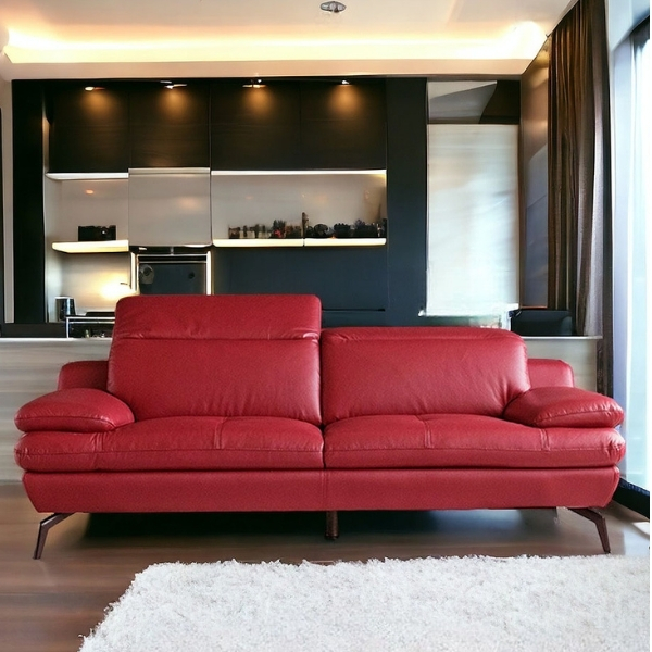 輸入家具 角度調節可能 本革 リクライニングソファ 三人掛け レッド(赤