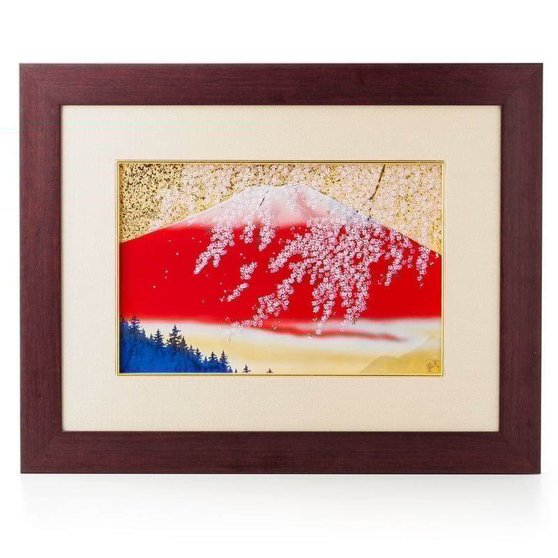 金彩 赤富士桜絵 陶額 | 高級美術有田焼 柳屋