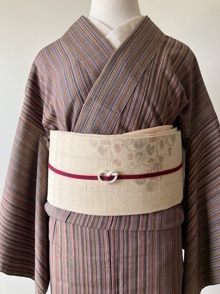 結城紬 茶系×カラフル縞模様 袷 正絹 証紙なし［K187］ | kimono ulala