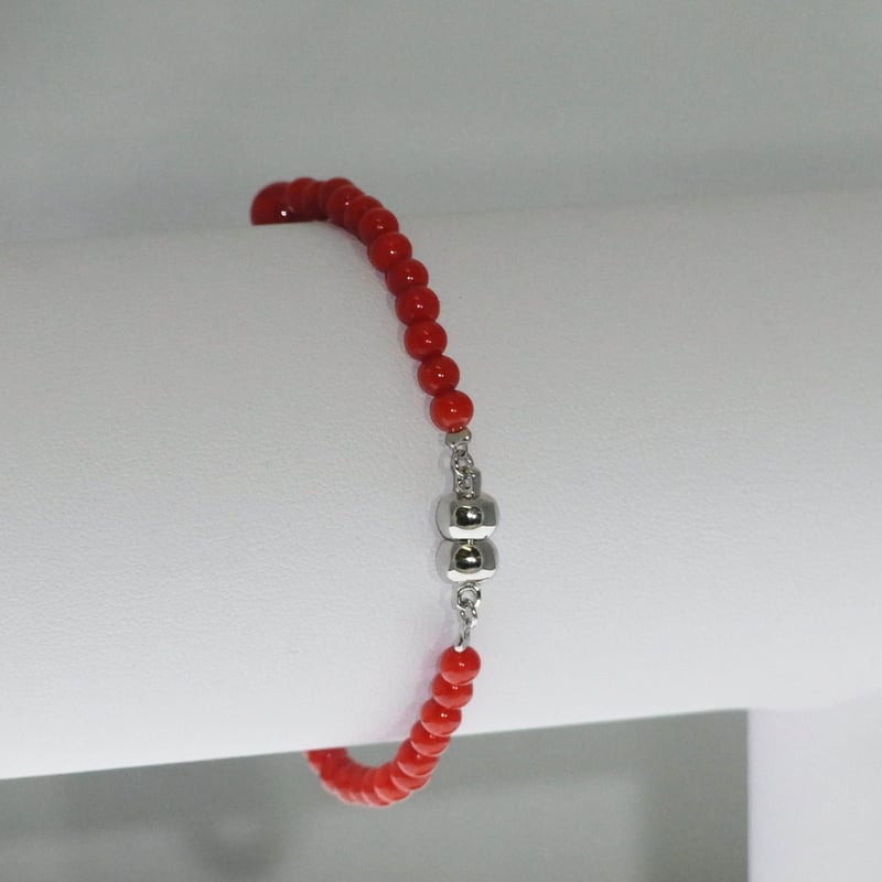 美品 濃色！本珊瑚 オーバルビーズ 幅9.7mmブレスレット 全長約18cm 美