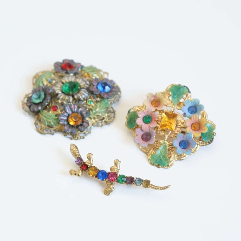 チェコ製 ガラス ラインストーン リザード ブローチ/ ヴィンテージ