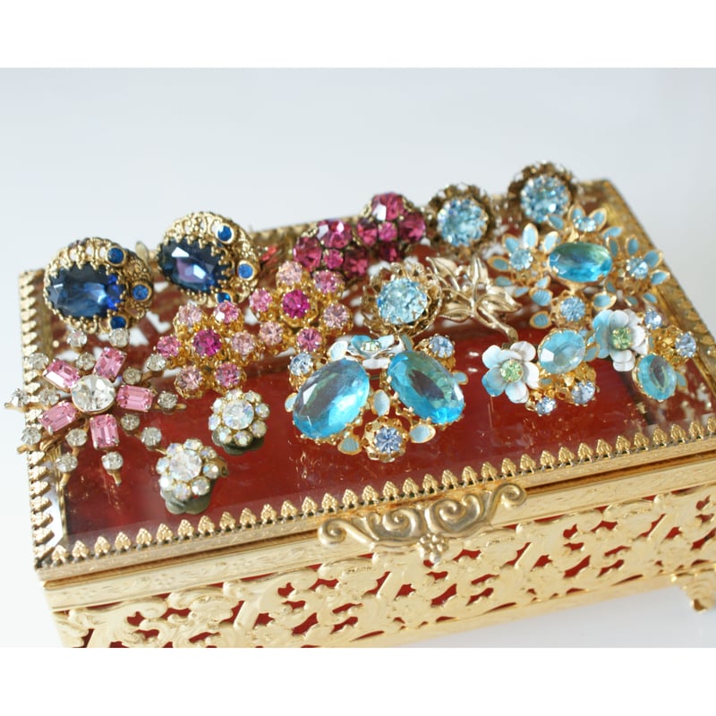 ブルートパーズ カラー ガラスラインストーン フラワー ブローチ