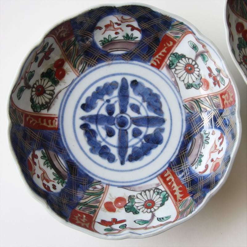 時代磁器 古伊万里 染錦若松牡丹紋 輪花ナマス皿（5枚