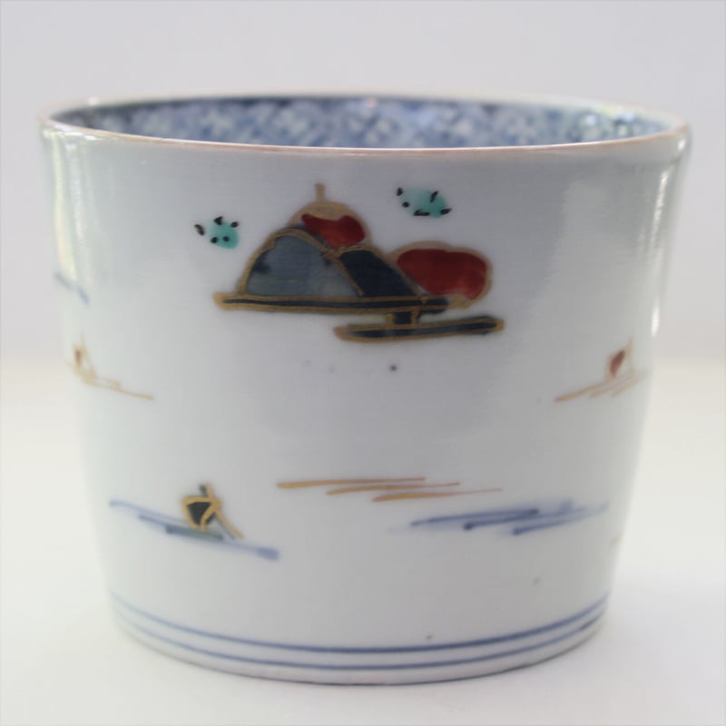 伊万里 染付 海辺 帆掛舟 風景 猪口 5個 [B31483] 伊万里 染付 海辺 帆