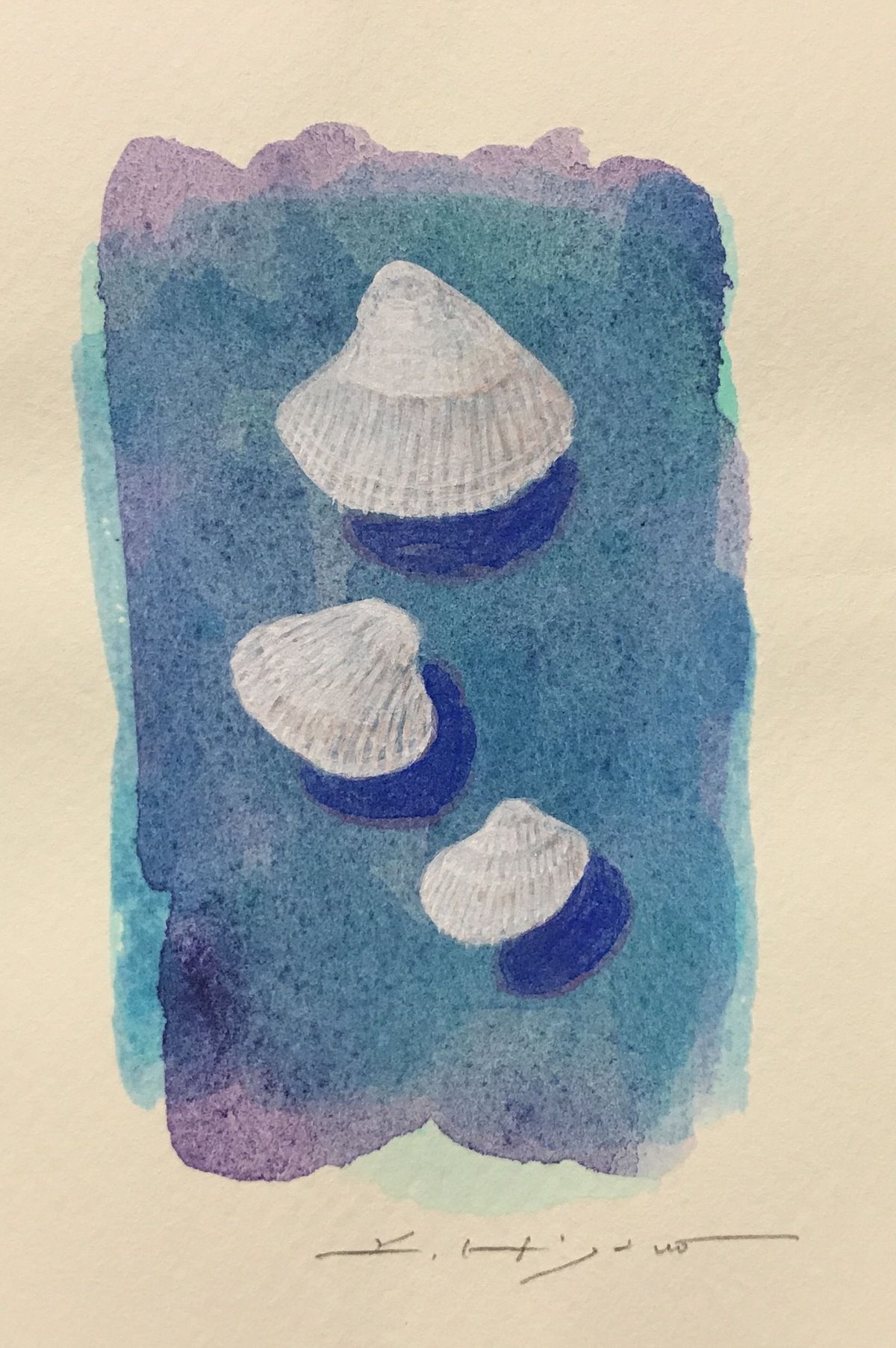 3つの貝殻」画用紙にテンペラ画 | ようこそ！ アトリエ・ルネッサンス