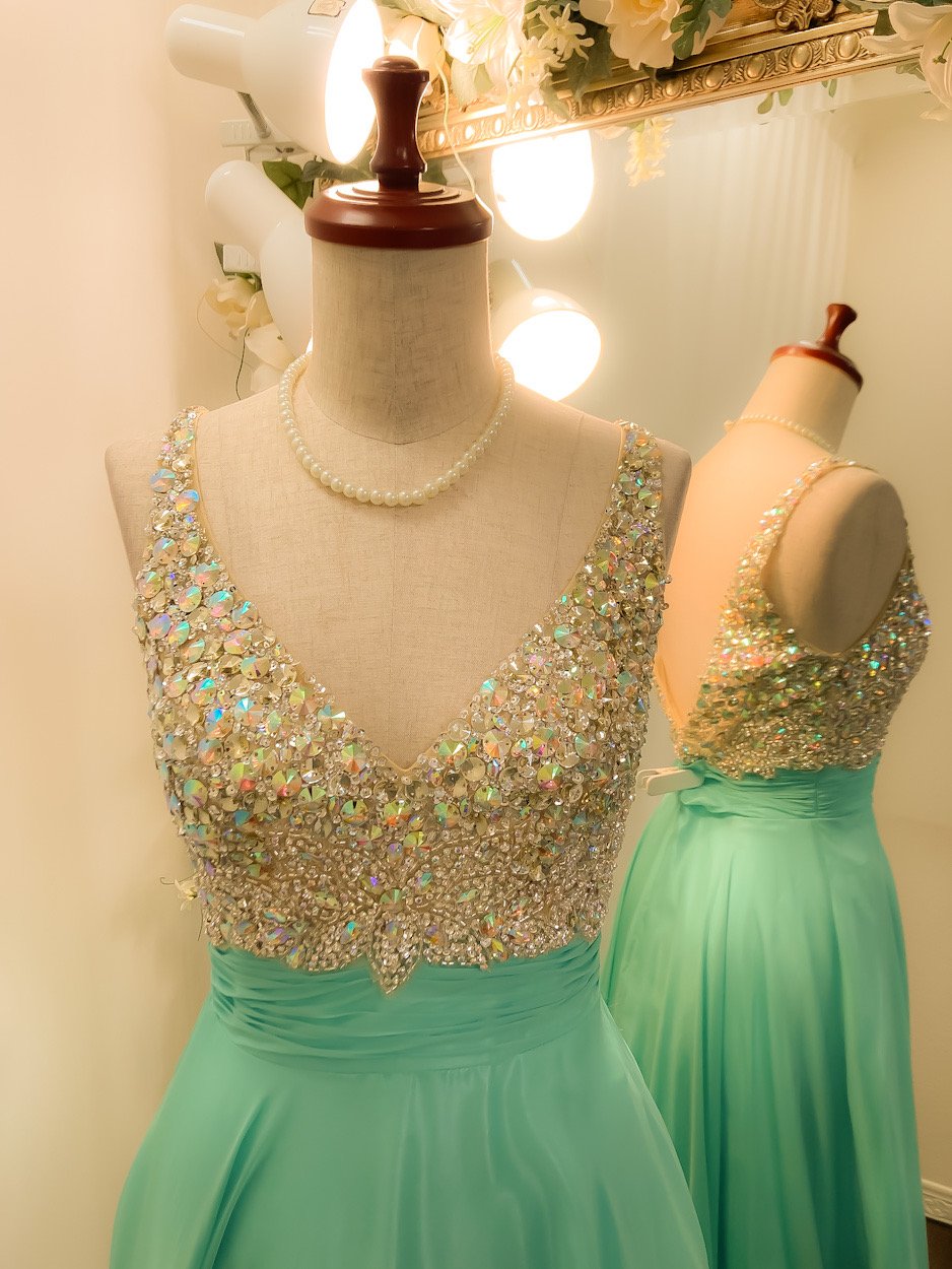 ビジュー Vネック シフォンドレス ミントグリーン | Sharon Style