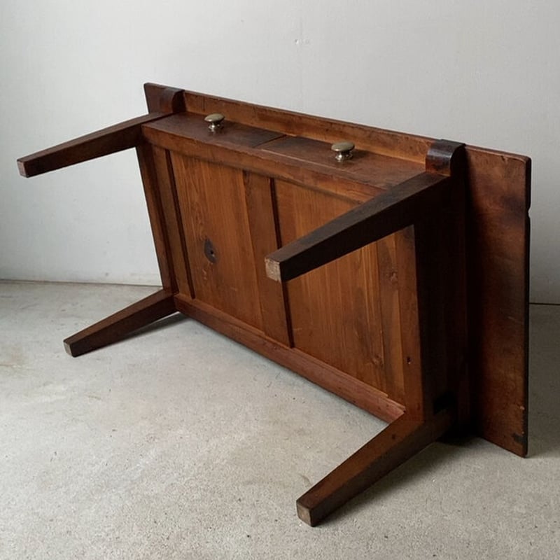 古い引出し文机 昭和初期 木製無垢材 2 杯引出し 座卓 風合豊かな木の