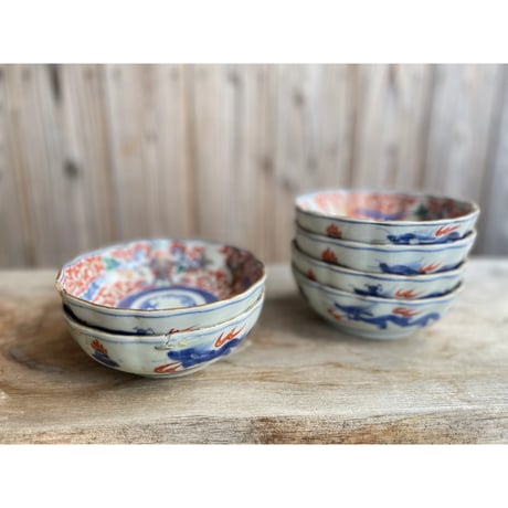 皿□角福 色絵花鳥紋捻子皿 5枚 古伊万里(江戸後期～明治期)時代物