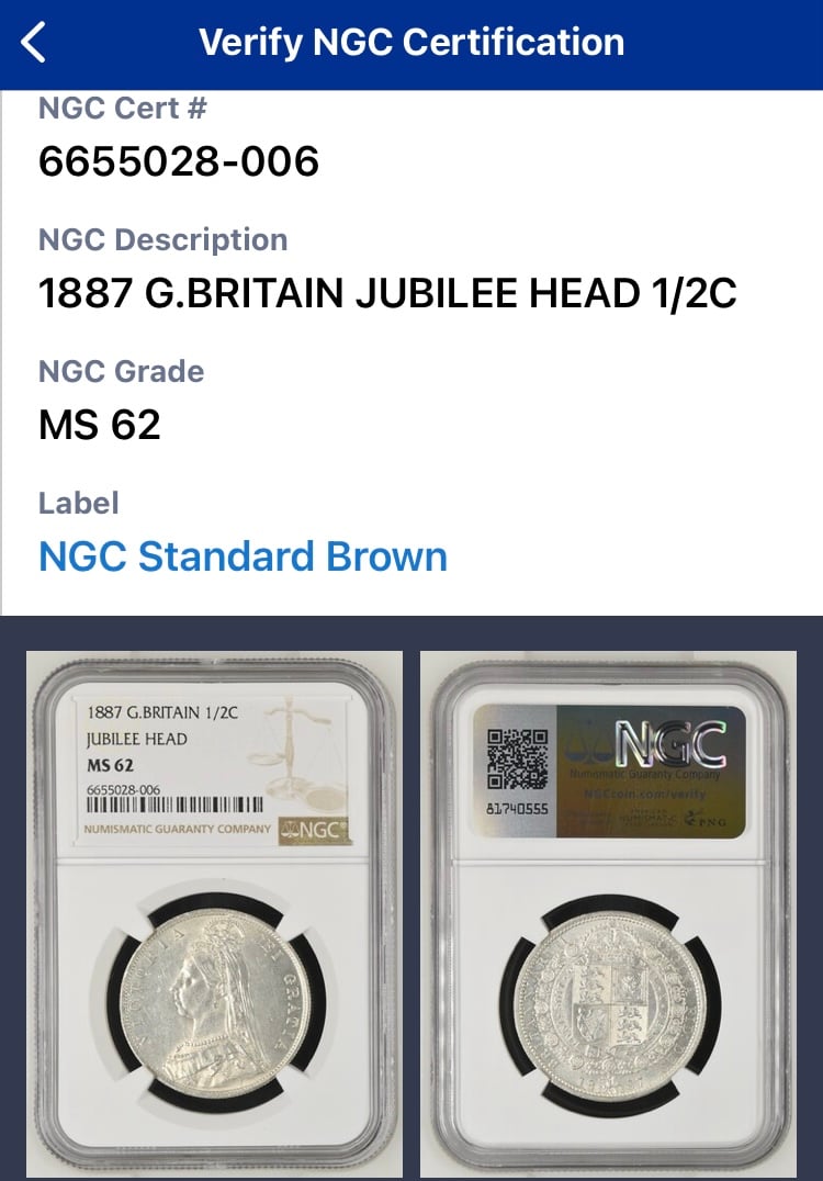 NGC鑑定MS62 1887年 ハーフクラウン銀貨 ヴィクトリア女王 ジュビリー