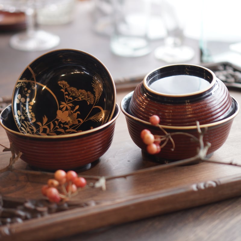 漆器 輪島塗 木製 蒔絵 蓋付椀 汁椀 5客 時代物 在銘稲森 木