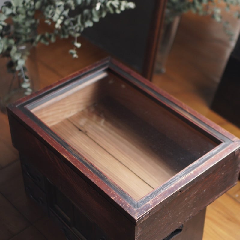 古いガラス扉の箱 木製 ディスプレイ コレクション ケース 古道具