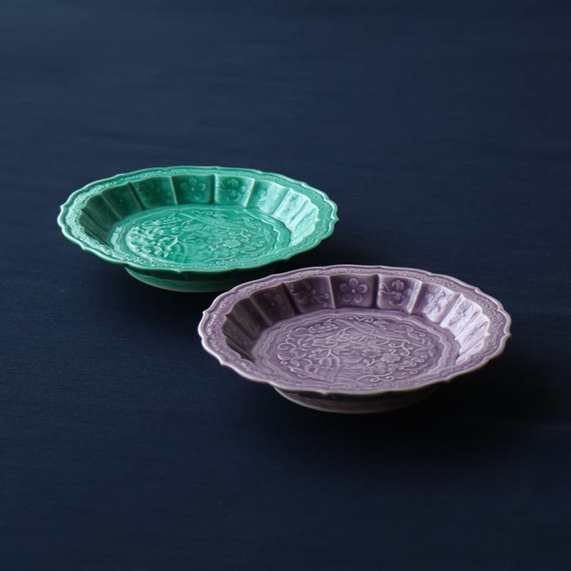 交趾花鳥彫 5寸皿 紫 / 緑 | 和食器通販 有田焼 山忠｜おしゃれで