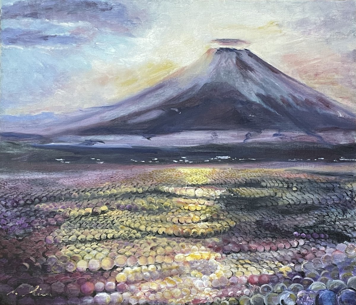 油絵 油彩 油彩画 絵 絵画 【ネモフィラと富士山】 油絵 油彩 油彩画
